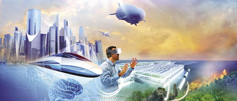 Composite image of man with VR googles, future technology and buildings
