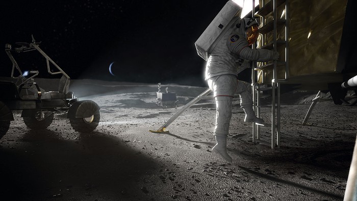 Rendering of an astronaut climbing down a ladder onto the surface of the Moon