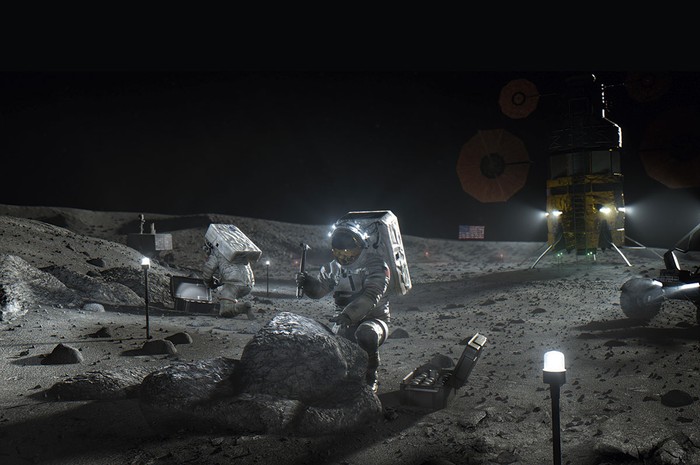 Astronaut taking rock samples rendering