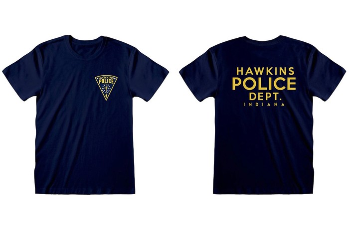 Hawkins Police badge t-shirt on a white background