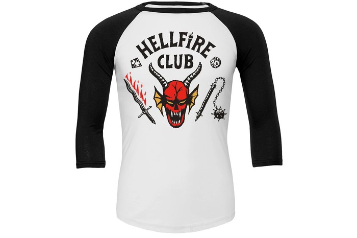 Hellfire Club baseball sleeve tee on a white background