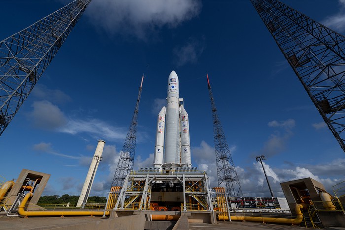 Rocket Ariane 5 with the Jupiter Icy Moons Explorer, JUICE ready for launch on the launch pad at Europe’s Spaceport in Kourou, French Guiana
