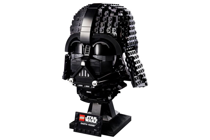 A Lego Darth Vader helmet on a white background.