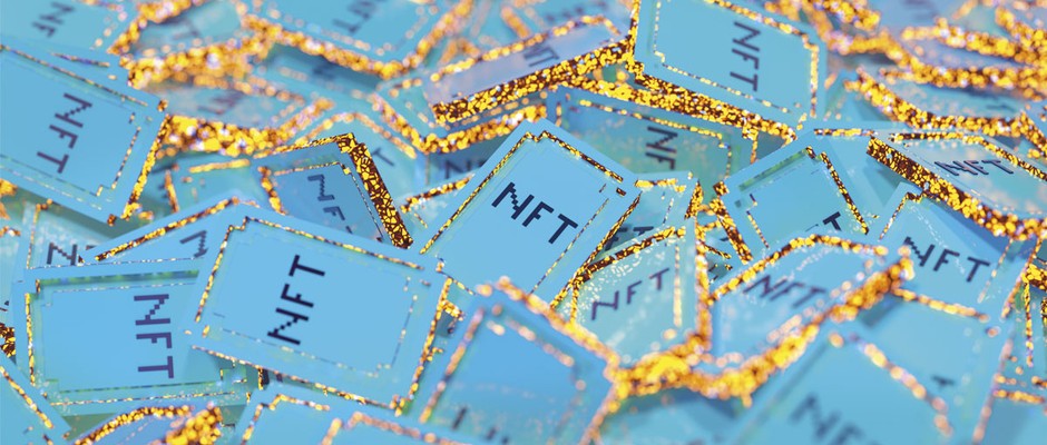 Illustration of a pile of NFTs, represented by blue tablets