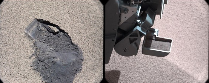 What have we found on Mars? (This pair of images shows a 'bite mark' where NASA's Curiosity rover scooped up some Martian soil (left), and the scoop carrying soil © NASA/JPL-Caltech/MSSS)