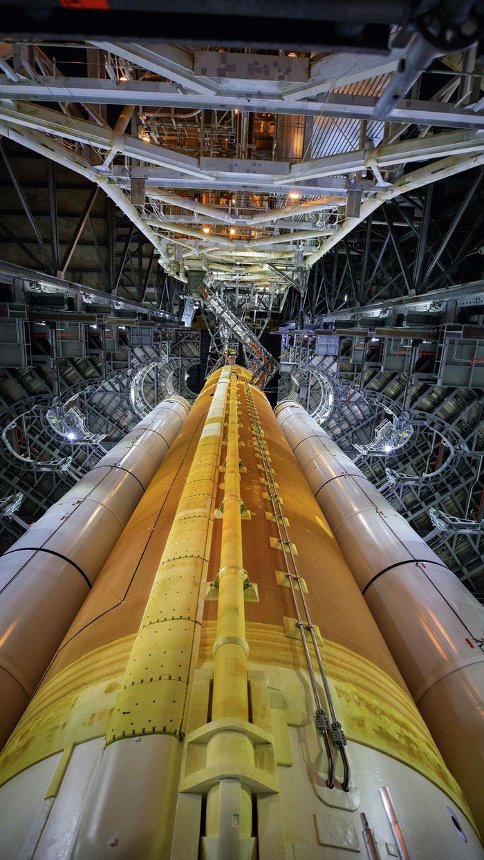 The Space Launch System (SLS) rocket, in NASA’s vehicle assembly building