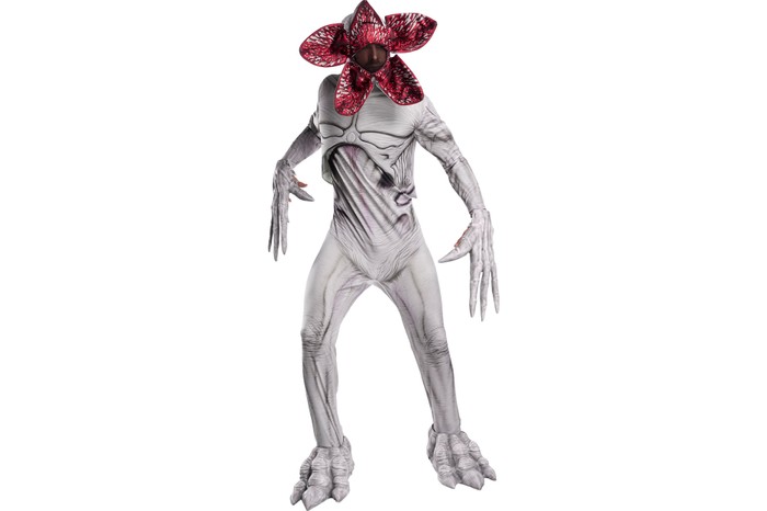 Man wearing Stranger Things demogorgon costume on a white background