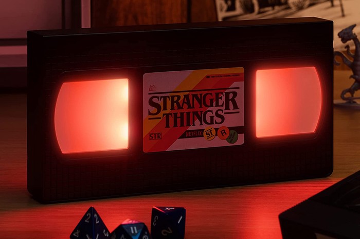 Stranger Things VHS logo light in a dark room