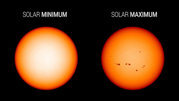 Sunspots comparision between solar minimum and solar maximum - image by NASA