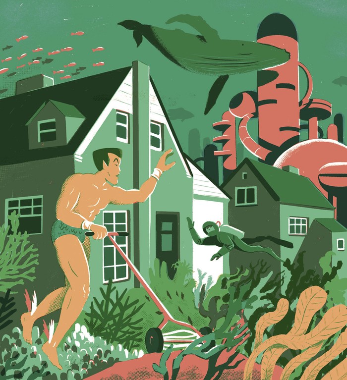 Illustration of underwater city with merman mowing his lawn