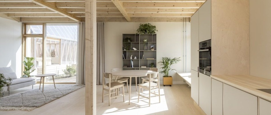 The timber interior of a sustainable house with a view of the kitchen